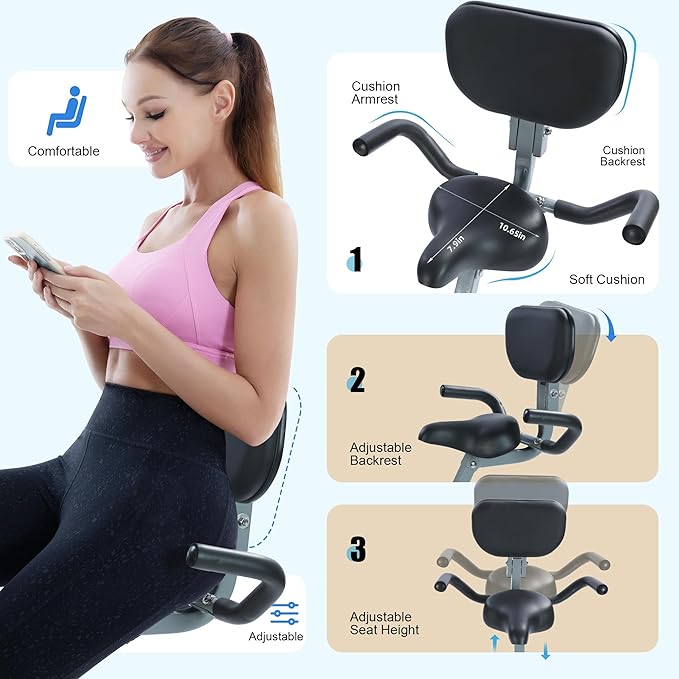 BARWING Stationary Exercise Bike for Home Workout, 5 IN 1 Foldable Indoor Cycling Bike for Seniors, 350LB Capacity, 16-Level Magnetic Resistance, Seat Backrest Adjustments