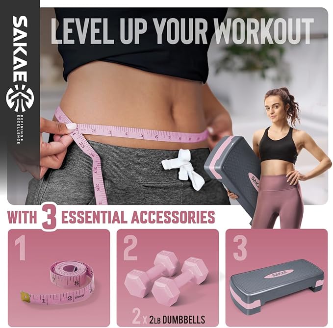 SAKAE Step Aerobics Platform Set with Dumbbells & Measuring Tape, Aerobic Steppers for Exercise at Home, Adjustable Height 2 Level Risers Workout Step Trainer with Non-Slip Surface, Multiple Colors