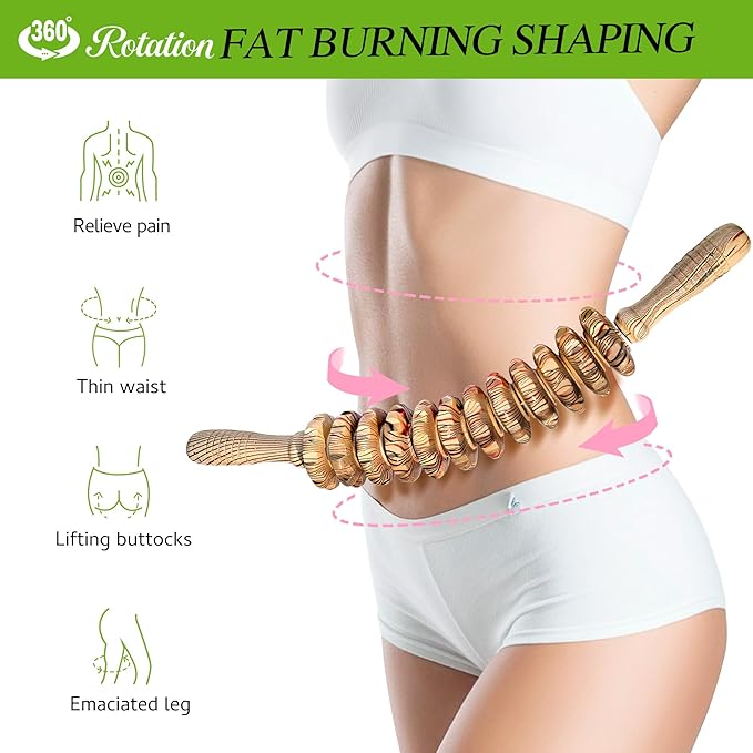Wooden Curved Handheld Roller Stick Massager - 12 Rollers Wood Therapy Tool for Trigger Point, Fascia & Cellulite Reduction, Lymphatic Drainage, Muscle Tension Relief & Body Shaping (Wood Grain)