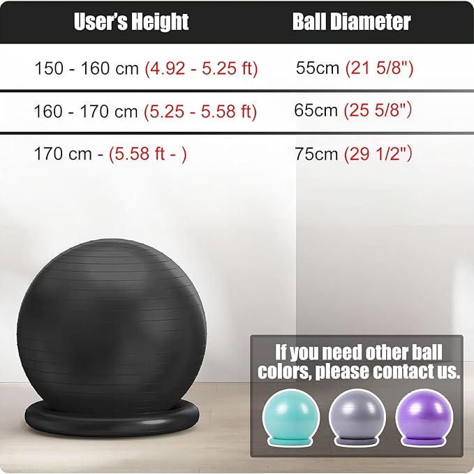 Exercise Ball Chair for Office Desk, Anti-Burst Yoga Ball Chair with Ring Base, Ergonomic Stability Seat for Core Strength/Posture Improvement