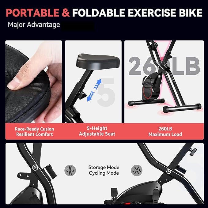 Foldable Exercise Bike Stationary Bikes for Home, 5 IN 1 Indoor Workout Bike, Cycling Bike with 16-Level Quiet Magnetic Resistance, 6.6 LBS Flywheel and 300LBS Capacity for Senior and Home Workout