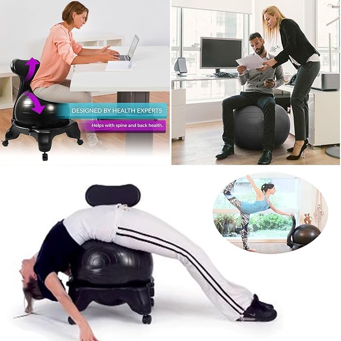 Balance Ball Chair for Adults Office, Yoga Ball Desk Chair Exercise Ball Chair with Wheels and Back Support