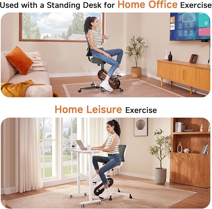 Office Exercise Bike Desk Chair,330 lbs Heavy Duty Under Desk Bike with 9-Level Height Adjustable Seat 24.4"-33.8",8-Level Resistance & Rolling Wheels,Quiet Fitness Chair for Home Office