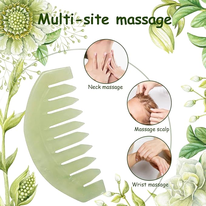 Janedream Jade Stone Gua Sha Comb Traditional Massage Tools for Scalp Head Hair Facial Manual Scalp Massagers with Acupuncture Head Therapy Trigger Point Treatment