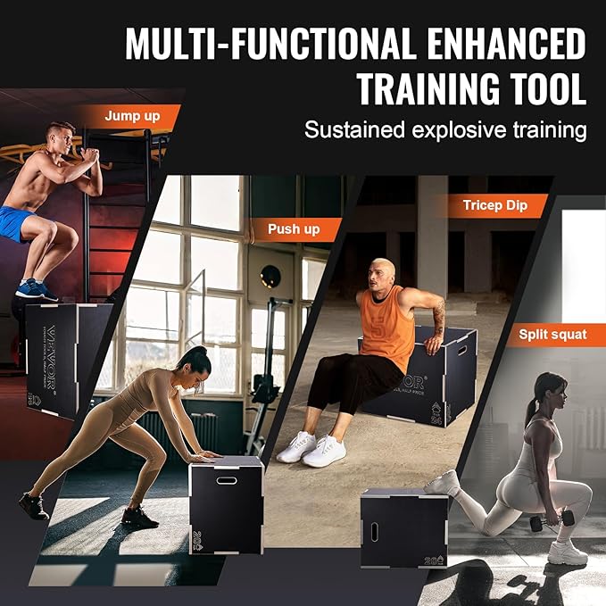 VEVOR 3 in 1 Plyometric Jump Box, Easy-to-Assemble Wood Plyo Box for Jumping Trainers, Home Gym Training and Conditioning