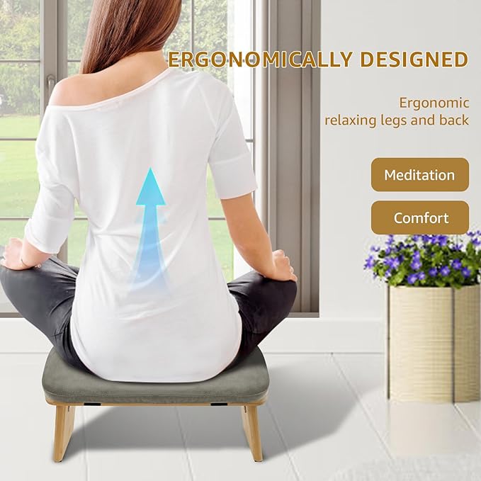 Folding Meditation Bench, Bamboo Kneeling Stool with Cushion, Portable Meditation Chair, Yoga Stool, Yoga Bench, Zen Practice, Comfortable Kneeling Chair, 16.9x7.5x7.1in (Grey)