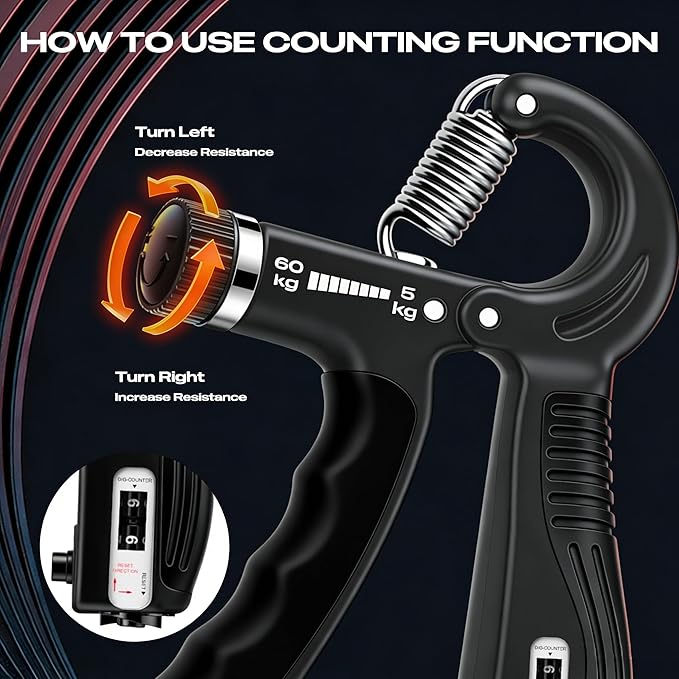 Grip Strength Trainer - Adjustable Resistance 11-132lbs/5-60kg Hand Gripper & Forearm Strengthener Device with Smart Counter for Sports & Rehab
