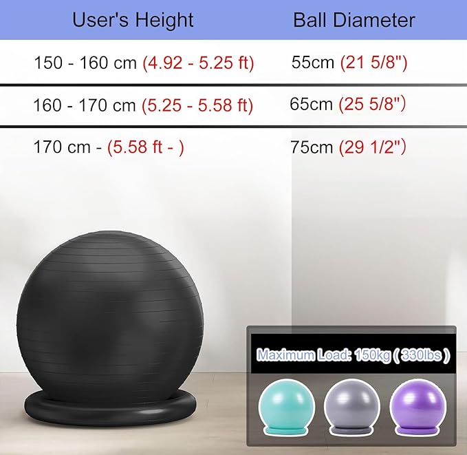 Yoga Ball Chair Office Ball Chair with Base & Pump, Stability Yoga Ball Seat for Back Pain Relief, Home Gym Exercise Ball Chair for Core Strength Training ( Color : Green , Size : Diameter 75cm ( 29 1