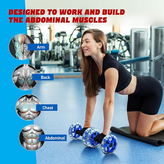 Toyvian Twin-wheel Ab Roller Fitness Wheel Core Roller for Abdominal Exercise with Extra Wide Design, Blue, Home Gym Strength Training Equipment for Men and Women