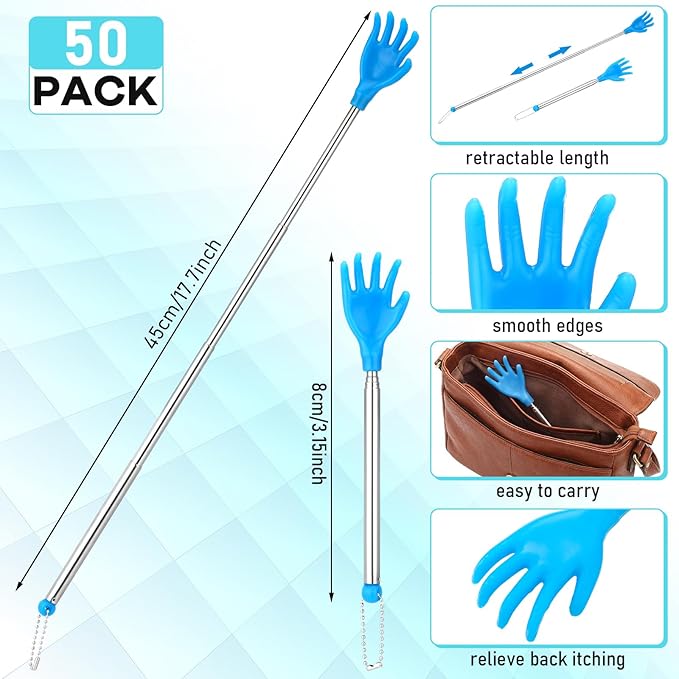100 Pcs Extendable Back Scratcher Bulk Father's Day Dad Gift Hand Shaped Retractable Back Scratcher with Gift Cards Bags Telescoping Massage Tool for Adults Men Church Birthday
