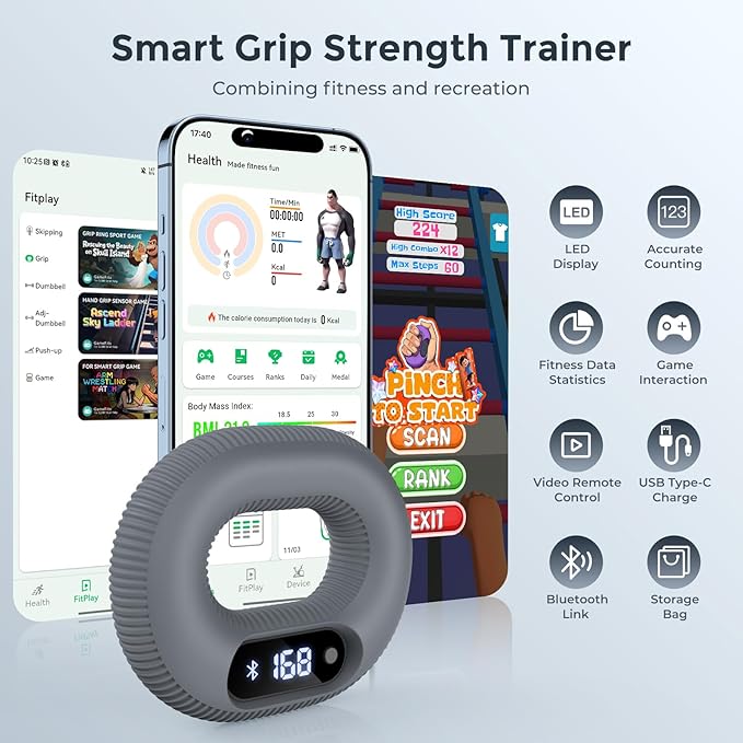 Smart Donut Fidget Toys Adults - Bluetooth Connected Silicone Grip Strength Trainer with App Games & Video Remote Control, Portable Hand Therapy Exercise for Relief and Fitness (40 LB)