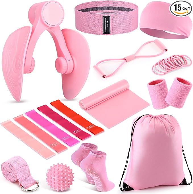 15 pcs Pilates Kit for Women Home Pilates Yoga Fitness Set with Pelvic Floor Trainer 5 Resistance Band Stretching Strap Non Slip Sock Ball Wristband Headband Gym Bag