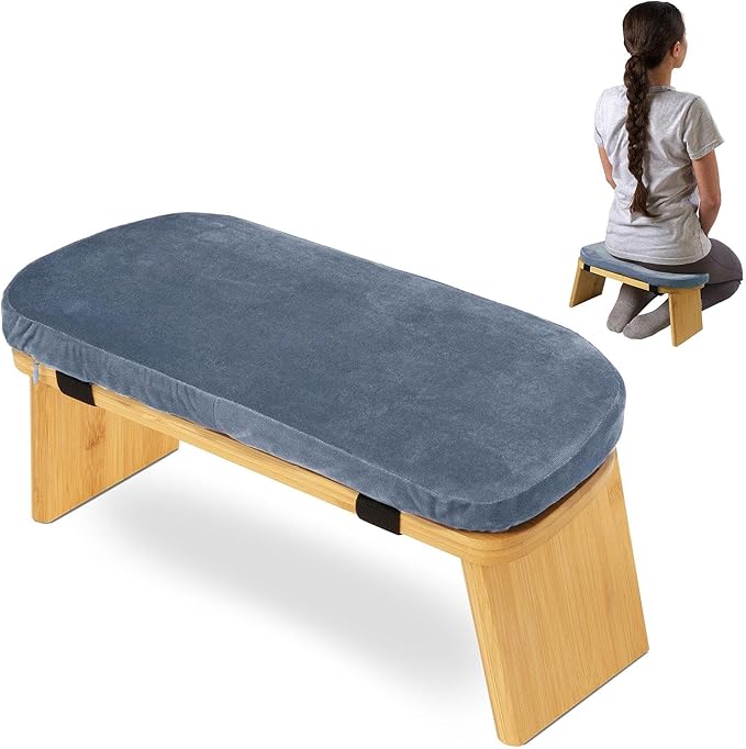Meditation Bench Prayer Bench with Soft Cushion Wooden Comfortable Portable Folding Kneeling Stool Prayer Stool, Gray Blue