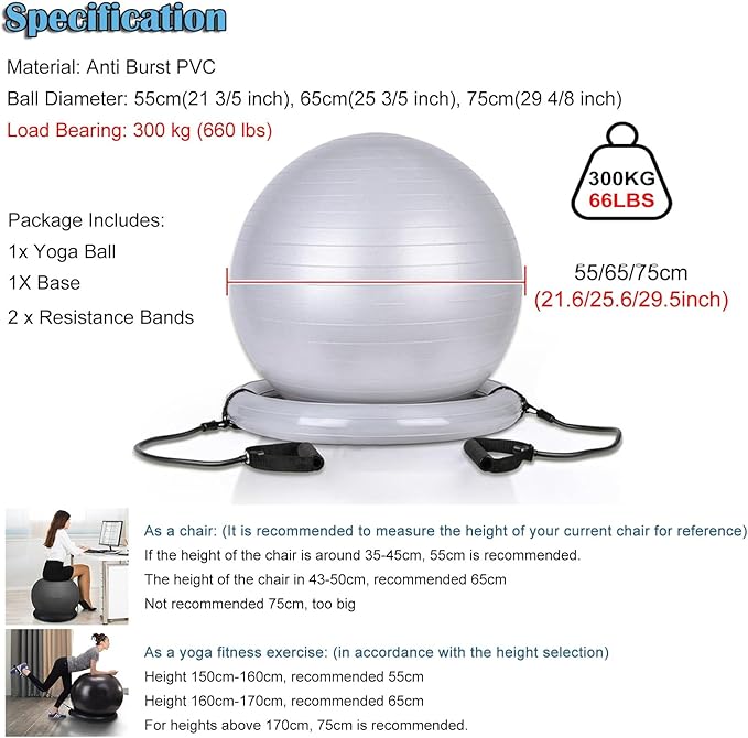 Backless Balance Ball Chair Exercise Stability, 21 25 29 Inch Pregnancy Labor Medicine Ball Chair for Home Gym Office, Gray Exercise Ball Kit with Base & Bands(Diameter 55cm(21 3/5 inch))