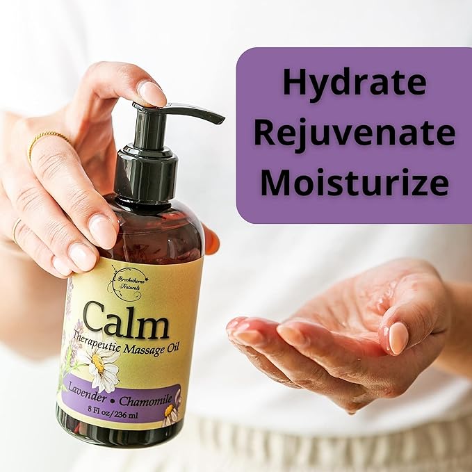 Calm Massage Oil for Massage Therapy with Lavender & Chamomile Essential Oils to Relax Sore Muscles | All Natural with Coconut, Grapeseed & Jojoba for Smooth Skin | Brookethorne Naturals 8oz