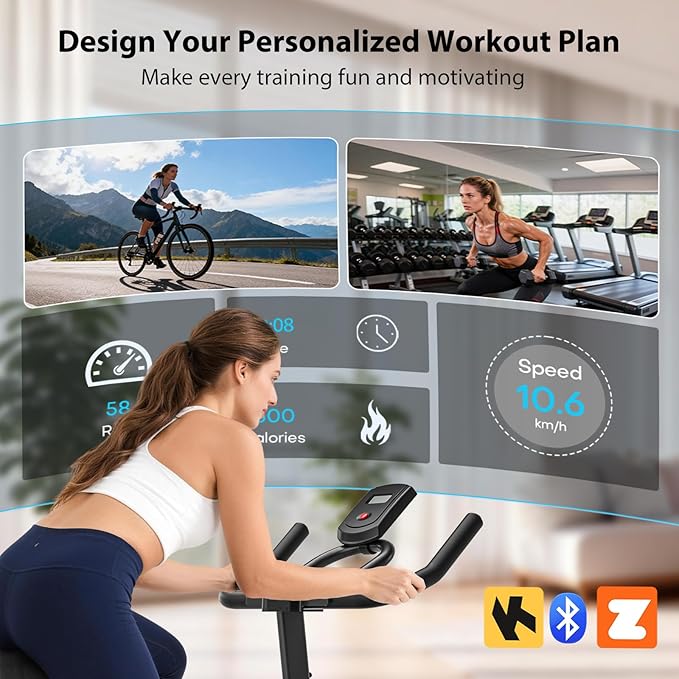 Exercise Bike, Wenoker Magnetic Stationary Bike for Home App Sync Indoor Bike with Adjustable Seat and Handlebar, Transport Wheels and Fitness Courses for Weight Loss