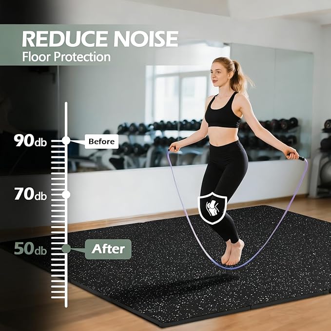 Interlocking Rubber Gym Mats 48 Sq Ft Heavy Duty Exercise Flooring for Home Gym, Weightlifting, Yoga, Playroom - Dual-Layer Non-Slip Noise Reducing Floor Protection Tiles