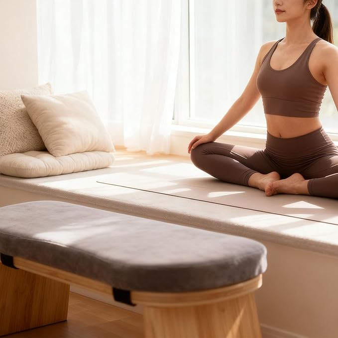 Luqeeg Meditation Bench, Wooden Folding Kneeling Zen Meditation Stool with Cushion Ergonomic Forward Tilt Yoga Stool Prayer Bench for Relaxation Tea Ceremony Home 17.3x7.5x6in