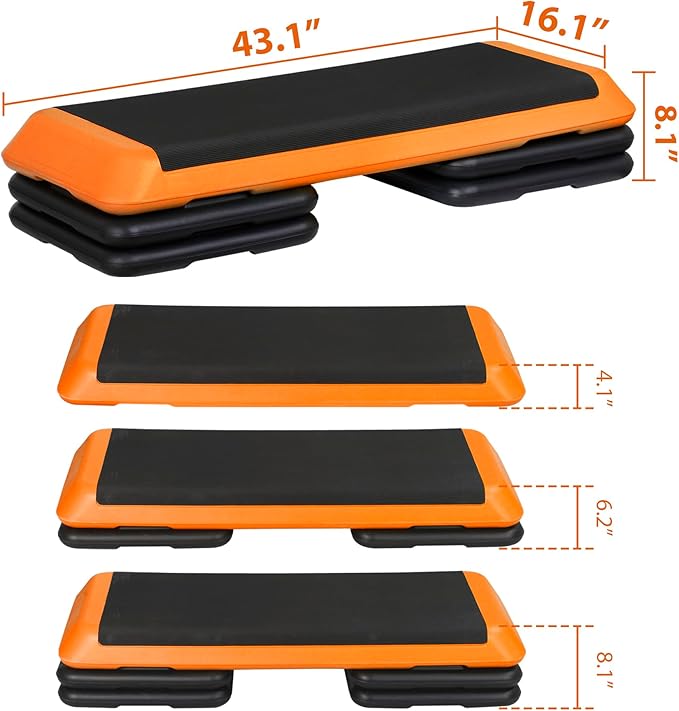 43" Exercise Aerobic Step Platform, Adjustable Fitness Stepper, with 4 Removable Risers for Home Gym Cardio Strength and Training