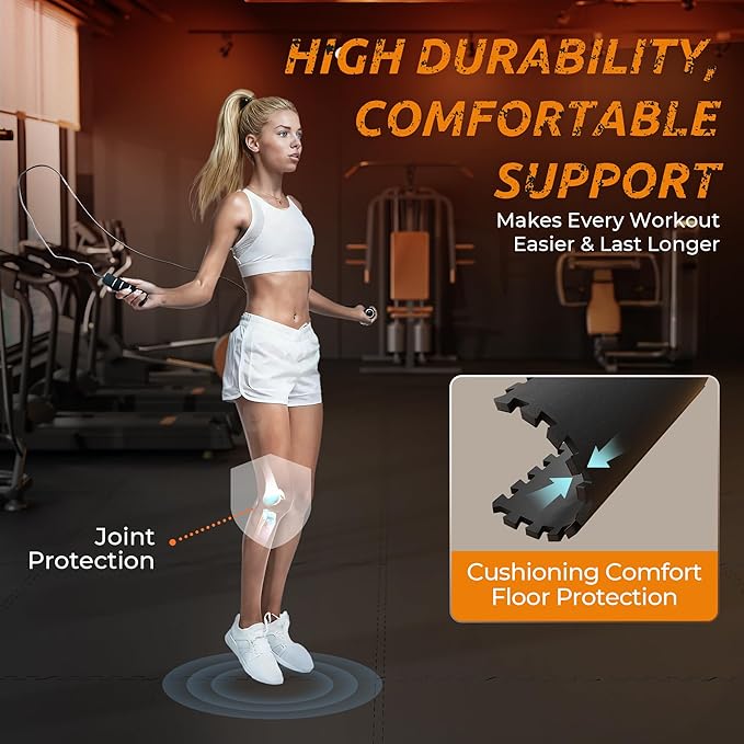 PRAISUN 0.6" Thicker Rubber Top Gym Flooring for Home Gym, 6 Pcs 24 Sq Ft Workout Mats, Exercise Mat, Interlocking Rubber Floor Mats with High Density EVA Foam for Garage, 24 x 24in, Black