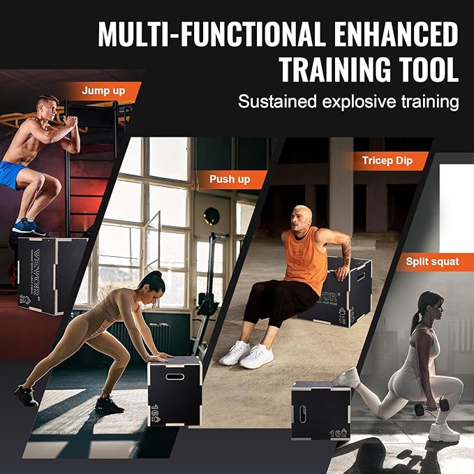 VEVOR 3 in 1 Plyometric Jump Box, Easy-to-Assemble Wood Plyo Box for Jumping Trainers, Home Gym Training and Conditioning
