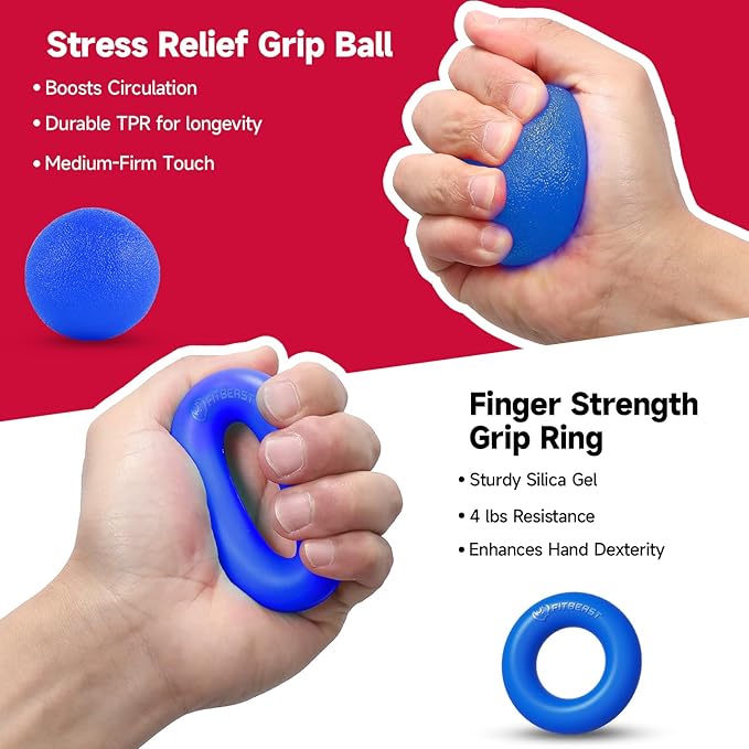 FitBeast Hand Grip Strengthener Workout Kit (5 Pack), 2 Forearm Grip Adjustable Resistance Hand Gripper, Finger Stretcher, Grip Ring & Stress Relief Grip Ball for Athletes