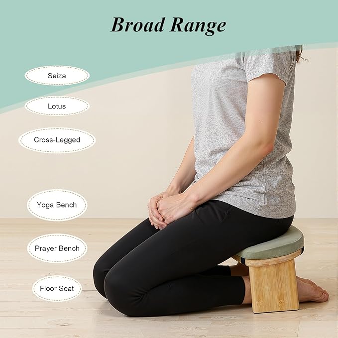 Bamboo Meditation Bench,Portable Bamboo Meditation Stool with Meditation Cushion, Foldable & 5°Ergonomic Tilt Kneeling Meditation Yoga Stool-396.83lbs Max. Load Capacity (Green)