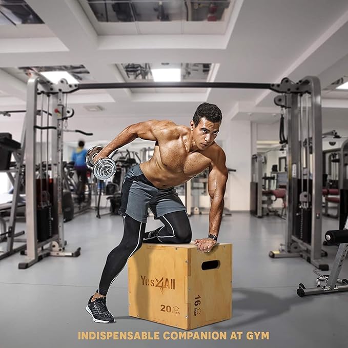 Yes4All Plyo Box, 3-in-1 Wooden Box Jumps for Home Gym, 450 lbs Boxes Step Up with Smooth Edges & Wide Built-in Handles for Jumping, Strength Training, Lunges, Squats, Dips