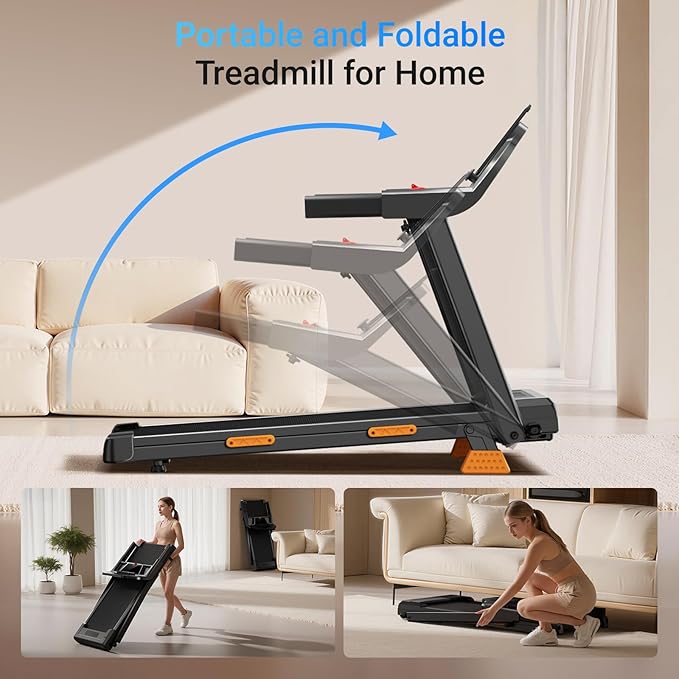 15% Incline Treadmills for Home, 3.0HP Folding Walking Pad with 400LBS Weight Capacity, Portable Treadmill with Handrails, 3 LED Displays