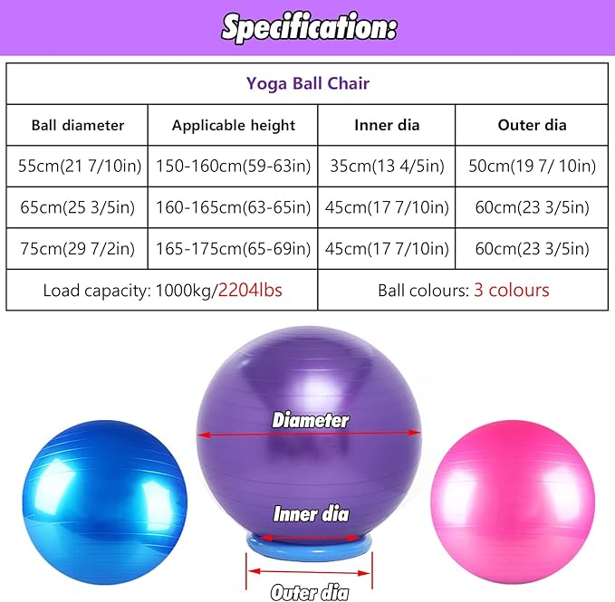 SRNSAEB Exercise Ball Seat for Office Desk Height, Ergonomic Balance Ball Chair Stool for Home/Office/School/Gym/Prolonged Sitting, Height Adjustable Pilates Yoga Ball Chair(Purple,75cm(29 7/2in))