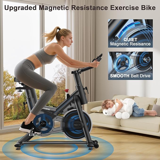 Magnetic Exercise Bike for Home – Adjustable Silent Spin Bike with 350lb Capacity, APP Connectivity, LCD Monitor & Device Holder – Indoor Cycling Bike for Cardio & Weight Loss