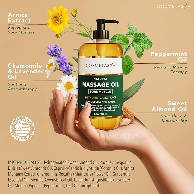 Cosmetasa Sore Muscle Massage Oil for Massage Therapy – Arnica, Chamomile & Lavender Oil for Muscle & Joint Ease – Non-Greasy Formula with Heated Basalt Stones – Relaxation & Recovery – 8.8 Oz