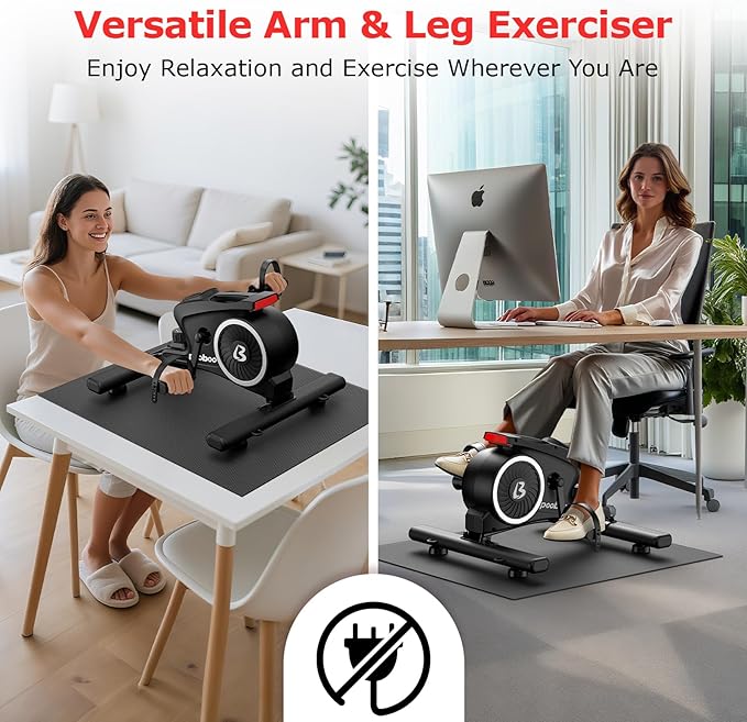pooboo Under Desk Bike Pedal Exerciser, Quiet Magnetic Mini Exercise Bike with 16 Resistance Levels, Arm & Leg Workout, Resistance Bands & Non-Slip Mat for Home Office Therapy