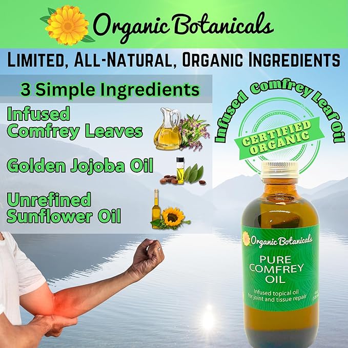 Pure Organic Comfrey Leaf Infused Oil - Skin Care for Joints, Back, Muscles, Fractures, Bruises, and Minor Wounds, Natural Herbal Body Massage Oil, Certified Organic (4 oz)