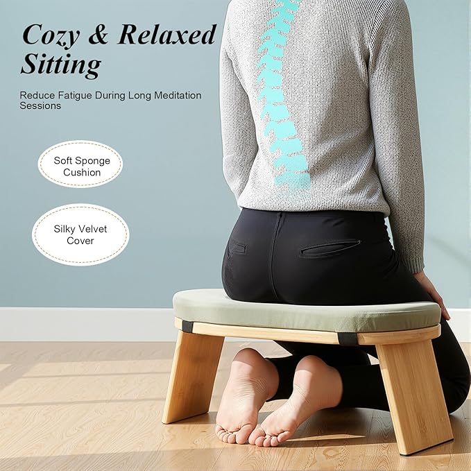 Bamboo Meditation Bench,Portable Bamboo Meditation Stool with Meditation Cushion, Foldable & 5°Ergonomic Tilt Kneeling Meditation Yoga Stool-396.83lbs Max. Load Capacity (Green)