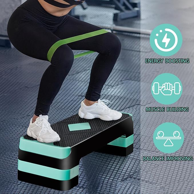 26.5 Inch Aerobic Exercise Step Platform for Home Gym, 4” 6” 8”Adjustable Risers for Step up Fitness Workout, Stepper Step Trainer, Green