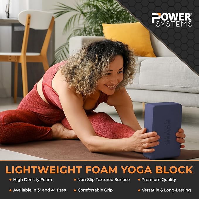 Power Systems Yoga Block | Commercial Grade Foam, Lightweight, Durable Ergonomic Support for Home and Studio Use | Yoga, Pilates, Meditation, Flexibility, and Balance with Textured Non-Slip Grip and Smooth Edges