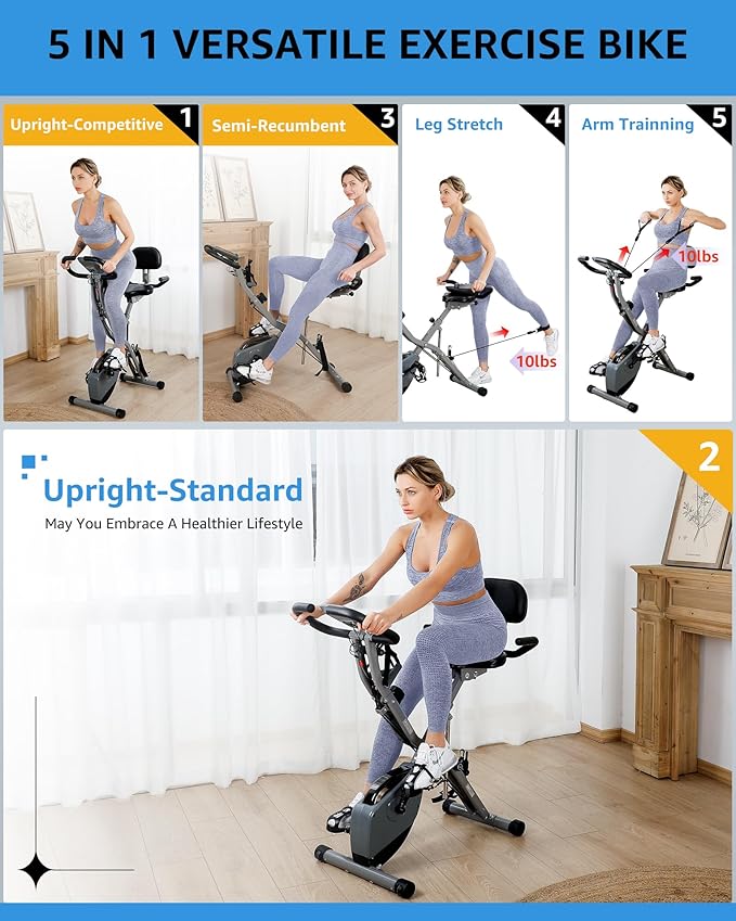 Indoor Exercise Bike for Seniors, 5 IN 1 Foldable Stationary Bike with 16-Level Magnetic Resistance and Tri-Position Ride, 330LBS Capacity, 6.6 LBS Flywheel, for Home Workout 818 Gray