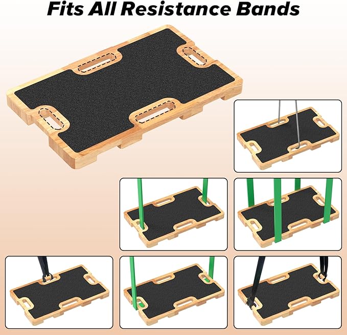 Wood Resistance Band Foot Plate, Non-Slip Exercise Board with Free Soft Pad & Drawstring Bag for Strength Training, Stretching & Balance, Home Gym Fitness Platform for Full-Body Exercises