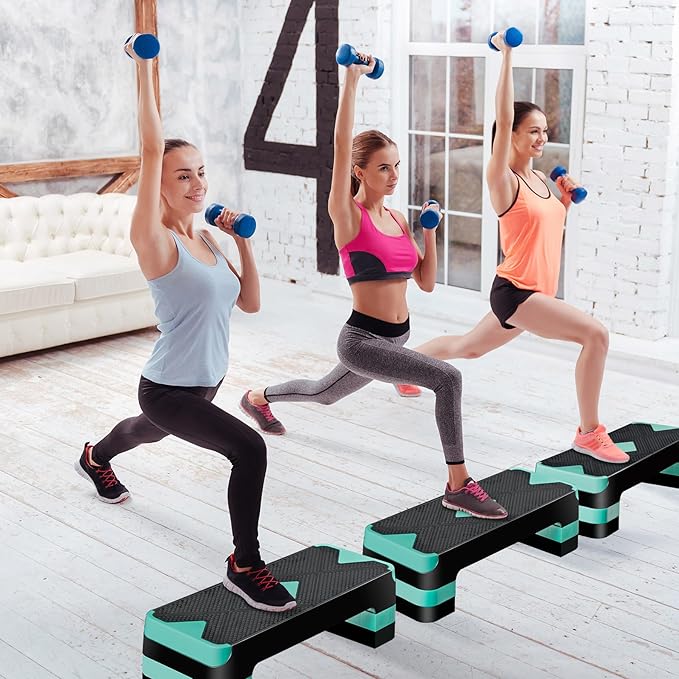 26.5 Inch Aerobic Exercise Step Platform for Home Gym, 4” 6” 8”Adjustable Risers for Step up Fitness Workout, Stepper Step Trainer, Green