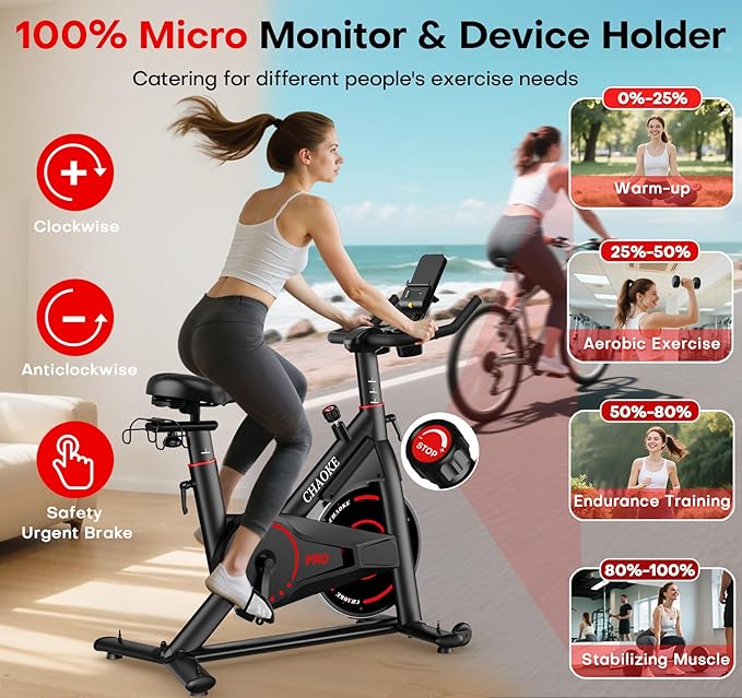 CHAOKE Exercise Bike, Quiet Adjustable Magnetic Stationary Bike for Home Cardio with App Compatible, 350LB Weight Capacity Indoor Cycling Bike with Large Seat, Dumbbell Rack, Pull Cords & LCD Display