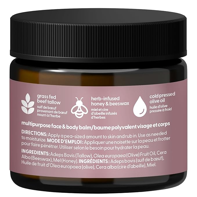 100% Unscented Grass Fed Beef Tallow for Skin, Body and Face | Fragrance Free Moisturizing Honey Balm with Cold-Pressed Olive Oil and Beeswax | Suitable For Dry, Sensitive & Irritated Skin, 2 oz (57g)