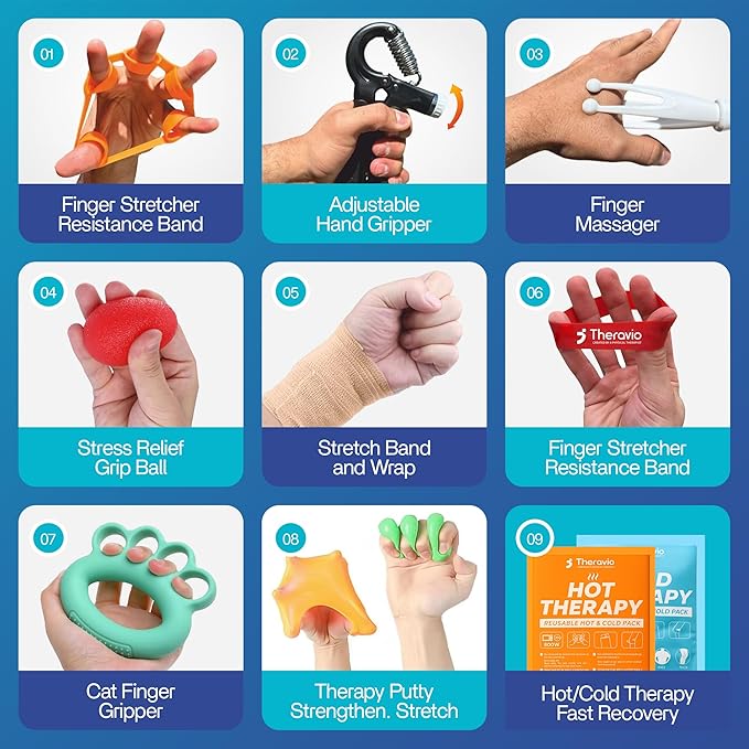 Hand Therapy Equipment for Rehabilitation and Recovery – Hand Therapy Kit with Grip Strength Trainer, Finger Strengthener & Exercise Balls for Arthritis, Carpal Tunnel and Physical Therapy by Theravio