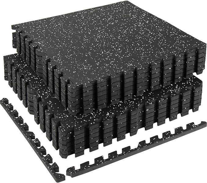 0.56in Thick 48 Sq Ft Exercise Equipment Mats, 12 Tiles Rubber Top EVA Foam Workout Mats, Interlocking Gym Flooring for Home Gym, 24 x 24in, Black & White