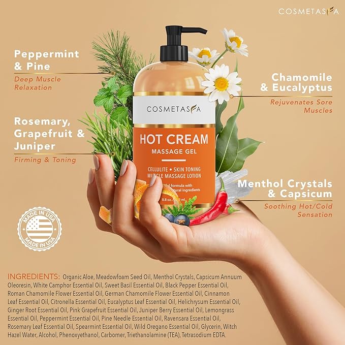 Cosmetasa Hot Cream Massage Gel with Massager Mitt- Natural and 87% Organic Cellulite Cream - Multi Use, Skin Toning, Joints and Muscle - 8.8 oz