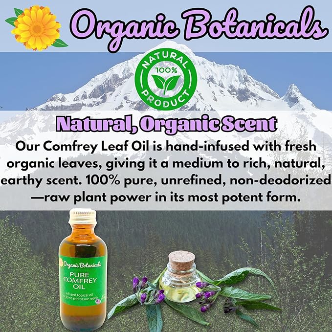 Pure Organic Comfrey Leaf Infused Oil - Skin Care for Joints, Back, Muscles, Fractures, Bruises, and Minor Wounds, Natural Herbal Body Massage Oil, Certified Organic (4 oz)