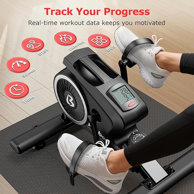 pooboo Under Desk Bike Pedal Exerciser, Quiet Magnetic Mini Exercise Bike with 16 Resistance Levels, Arm & Leg Workout, Resistance Bands & Non-Slip Mat for Home Office Therapy