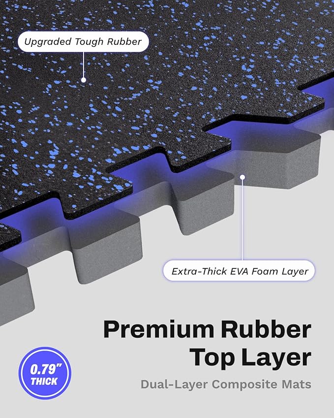 AIRHOP 0.79in Thick 48 Sq Ft Exercise Equipment Mats, 12 Tiles Upgraded Rubber Top with High Density EVA Foam, Large Interlocking Puzzle Gym Flooring for Home Gym, Heavy Weight Workout,Black & Blue