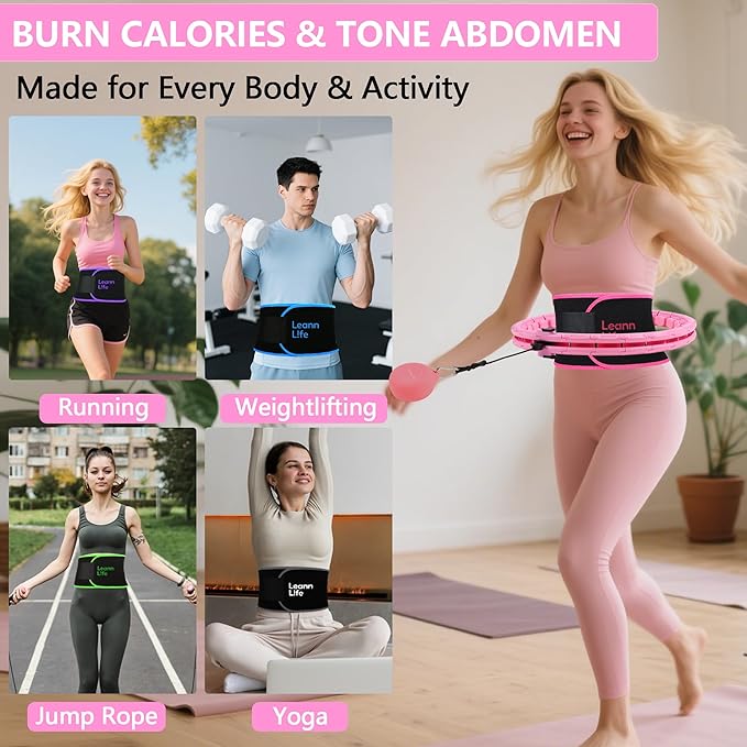 U1 Weighted Hula Hoop 30 Knots 19"-61" for Adults with Waist Trimmer Belt & Durable Wash Bag Bundle– Fitness Hoop for Exercise, Workout, Slimming & Home Gym, Pink