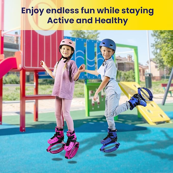 New Bounce Kids Jumping Shoes – Premium Moon Shoes for Fun & Exercise – Durable, Safe, Adjustable Fit – New & Improved Bouncing Shoes (Blue, Small (31-34 EU))